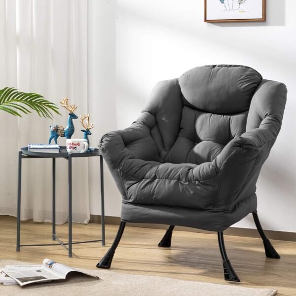 AbocoFur Modern Fabric Large Lazy Chair, Accent Oversized Comfy Reading Chair, Thick Padded Cozy Lounge Chair with Armrest, Steel Frame Leisure Sofa Chair for Living Room, Bedroom, Dorm, Dark Grey - Image 2