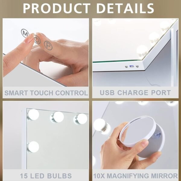 FENCHILIN Vanity Mirror with Lights, White Hollywood Lighted Makeup Mirror with 15 Dimmable LED Bulbs Rotation for Dressing Room & Bedroom, Living Room - Image 3
