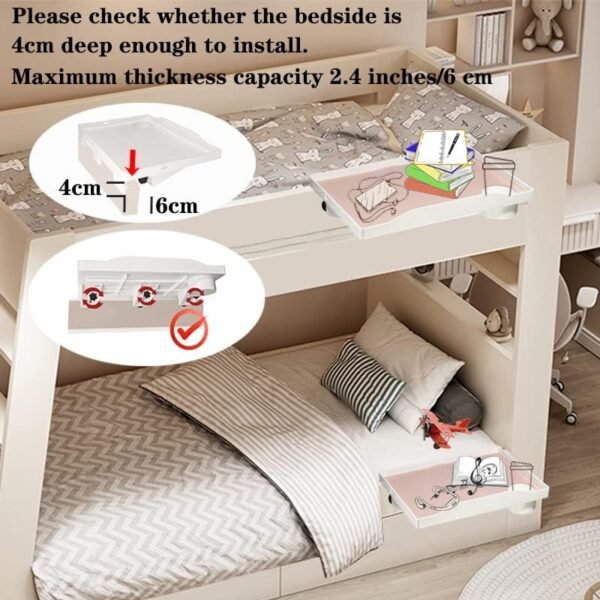 Bedside Shelf for Bed & Top Bunk- College Dorm Room Essentials, Clip On Nightstand Snack Organizer, Floating Bed Side Table Tray Shelfie，Cord Holder for Top Bunk Organizer Bedroom, - Image 3