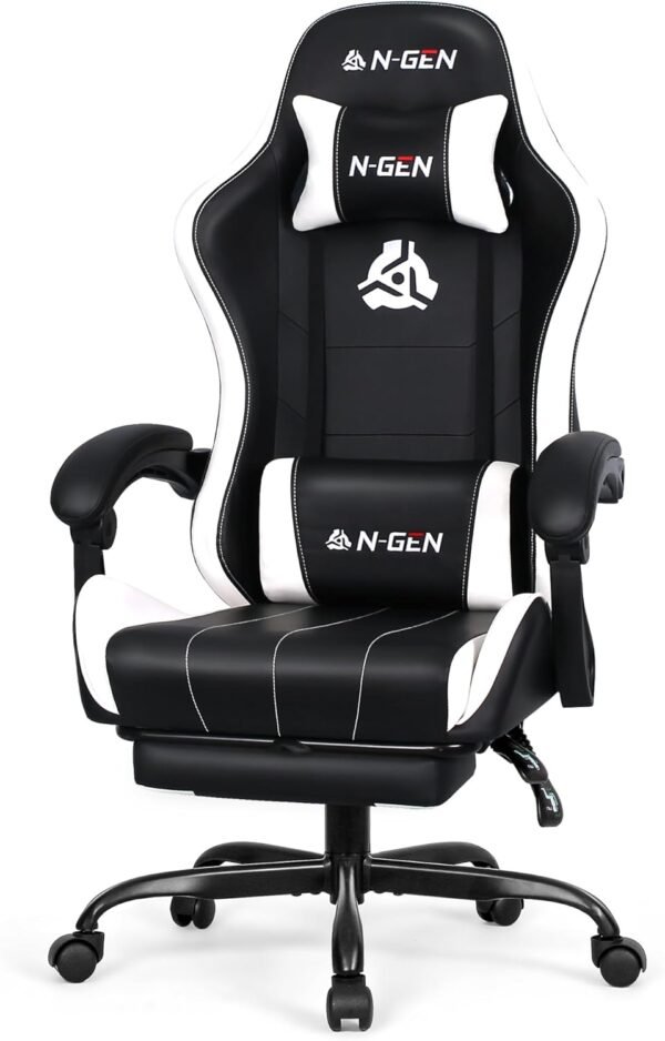 N-GEN GAMING Video Gaming Chair with Footrest High Back Ergonomic Comfortable Office Computer Desk with Lumbar Support Height Adjustable with PU Leather Recliner for Adults Women Men (White)