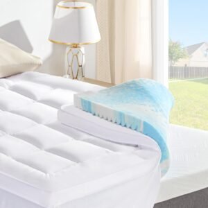 SINWEEK Dual Layer 4 Inch Memory Foam Mattress Topper, Twin Size, 2 Inch Cooling 5-Zone Gel Memory Foam Plus 2 Inch Extra Thick Pillowtop Cover, Pressure Relieve Soft Mattress Pad，light blue