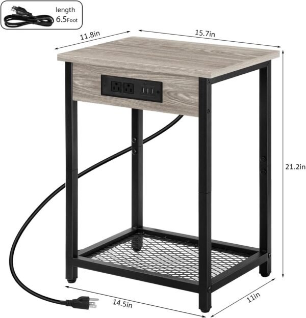 melos Nightstands with Charging Station, 2 Tier Bedside Table with USB Ports and Outlets, Narrow End Table with Storage Shelf, Side Tables for Bedroom, Living Room, Gray - Image 3