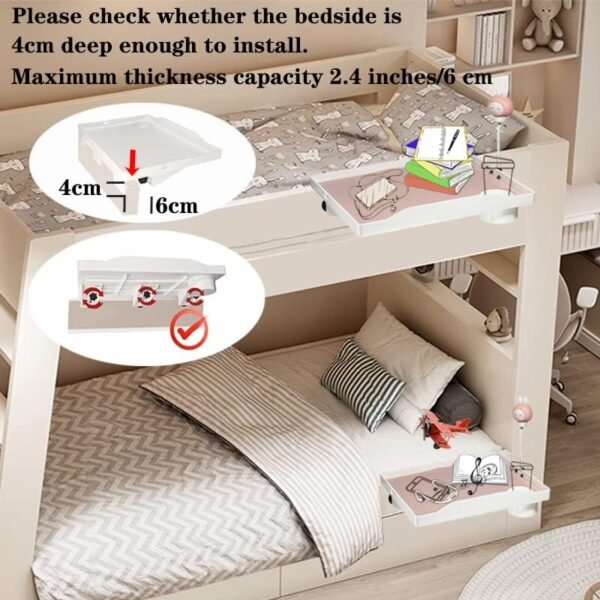 Bedside Shelf for Bed – College Dorm Room Clip On Nightstand with Cup Holder & USB Charge Ports & Night Light，Bunk Bed Shelf for Top Bunk ，College Dorm Room Essentials. - Image 4