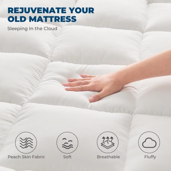 Mattress Topper Twin XL, Mattress Pad Dorm Bedding, Bed Mattress Cover with Straps, Extra 2-inch Thick Mattress Pad Topper Cover with 100% 1500T Peach Skin Fabric(39"x80"), White - Image 3