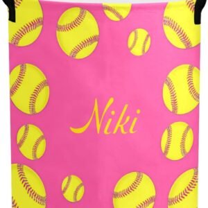 Softball with Pattern Pink Round Storage Basket Personalized Name Laundry Basket Waterproof Nursery Hamper with Handle for Living Room Bedroom and Clothes