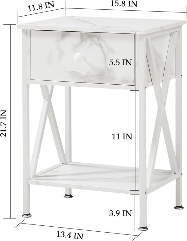 VECELO Night Stands for Bedroom Rustic Nightstand Bedside End Tables with Drawer Storage, Marble White - Image 3