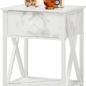 VECELO Night Stands for Bedroom Rustic Nightstand Bedside End Tables with Drawer Storage, Marble White