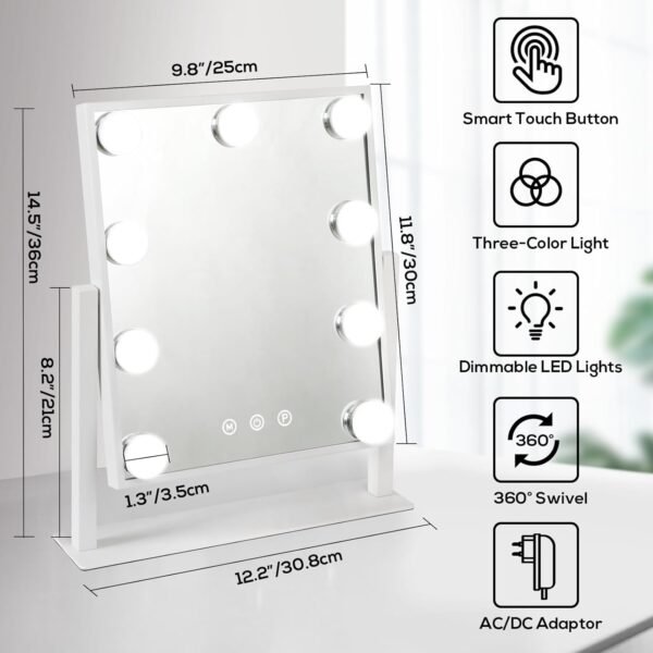 Hollywood Vanity Mirror with Lights, Tabletop Makeup Mirror with 9 LED Lights, 3 Colors Dimmable Touch Control Lighted Makeup Mirror with Lights, 360°Rotation - Image 2