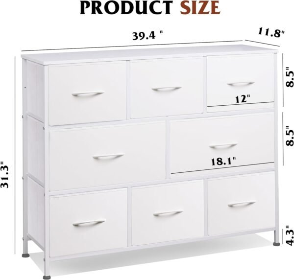 WLIVE Fabric Dresser, Storage Drawer Unit, Bedroom Dresser TV Stand for 32 40 43 inch TV, Wide Dresser with 8 Large Deep Drawers for Office, College Dorm, White - Image 3