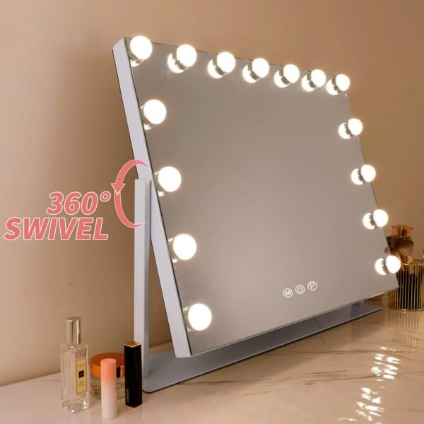 FENCHILIN Vanity Mirror with Lights, White Hollywood Lighted Makeup Mirror with 15 Dimmable LED Bulbs Rotation for Dressing Room & Bedroom, Living Room - Image 2