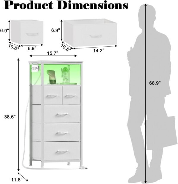 Furnulem Tall Nightstand with 5 Fabric Drawers, White Dresser for Bedroom with LED Lights and Charging Station, Vertical Bedside Table for Hallway, Entryway, Wood Top, Living Room Furniture - Image 3