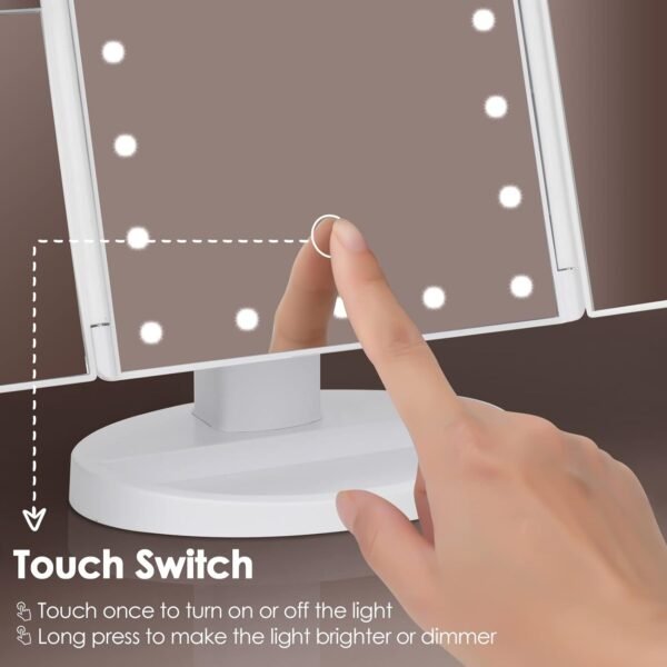 Trifold Vanity Mirror with Lights，Tabletop Mount Makeup Mirror with Lights and 1x/2x/3x Magnification 21LED Mirror Touch Screen Two Power Supply Modes Make Up Mirror - Image 5