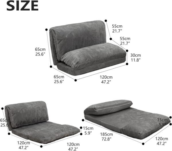 N&V Folding Matress Sofa Bean Bag, Foam Filling Sofa, Includes Removable and Machine Washable Cover, Premiun Corduroy Cover (Frost Gray), Forest Grey - Image 2
