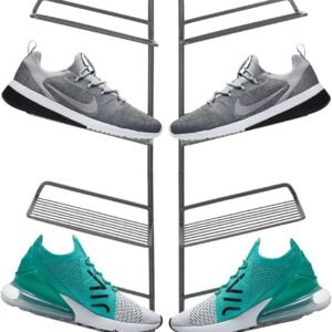 mDesign Modern Metal Shoe Organizer Display & Storage Shelf Rack – Hang & Store Your Collection of Kicks, Running, Basketball, Trainers, Tennis Shoes, 4 Tier, Holds 8 Shoes, Wall Mount – Graphite Gray