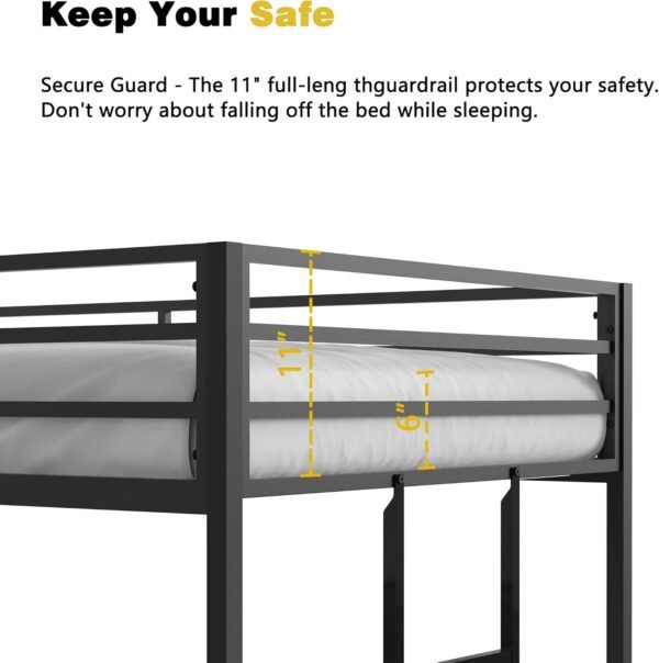 Twin over Twin Metal Bunk Bed with Ladder/Slats Support/Safety Guardrail for Childs Adults Teens,Weight Capacity 400 lbs(Lower)/350 lbs(Upper),Black - Image 6