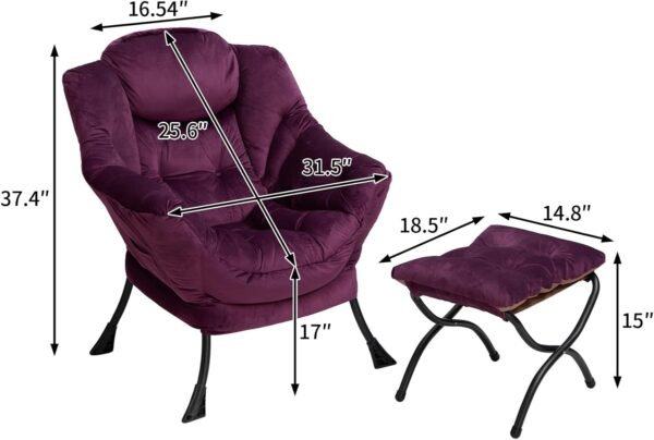 AcozyHom Modern Fabric Lazy Chair and Folding Footrest Stool Set, Accent Contemporary Lounge Chair and Portable Ottoman, Steel Frame Leisure Sofa Chair and Metal Cotton Footstool, Deep Purple - Image 3