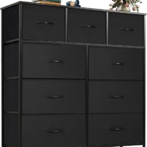 OLIXIS Organizer Storage 9, Chest of Drawers with Fabric Bins, Tall Dresser with Wood Top for Bedroom, Closet, Entryway, Black