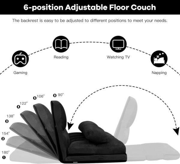 KOMFOTT Adjustable Floor Sofa Bed, Foldable Lazy Sofa Sleeper Bed with 6 Position Backrest & 2 Pillows, Convertible Futon Couch Bed with Suede Cloth Cover, Lounge Recliner for Living Room (Black) - Image 5