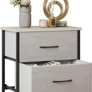 LUMTOK Greige Nightstand with Drawer, 2 Drawers Dresser for Bedroom, Small Night Stand and Dressers Sets with 2 Fabric Drawers, End Table with Drawer for Living Room, College Dorm (1PCS)