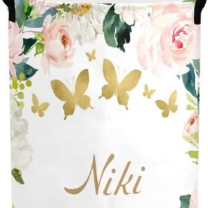 Pink Gold Floral Butterfly Round Storage Basket Personalized Name Laundry Basket Waterproof Nursery Hamper with Handle for Living Room Bedroom and Clothes