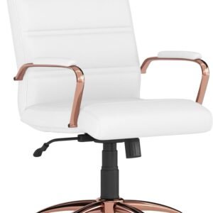 Flash Furniture Whitney Mid-Back Swivel LeatherSoft Desk Chair with Padded Seat and Armrests, Adjustable Height Padded LeatherSoft Office Chair, White/Rose Gold
