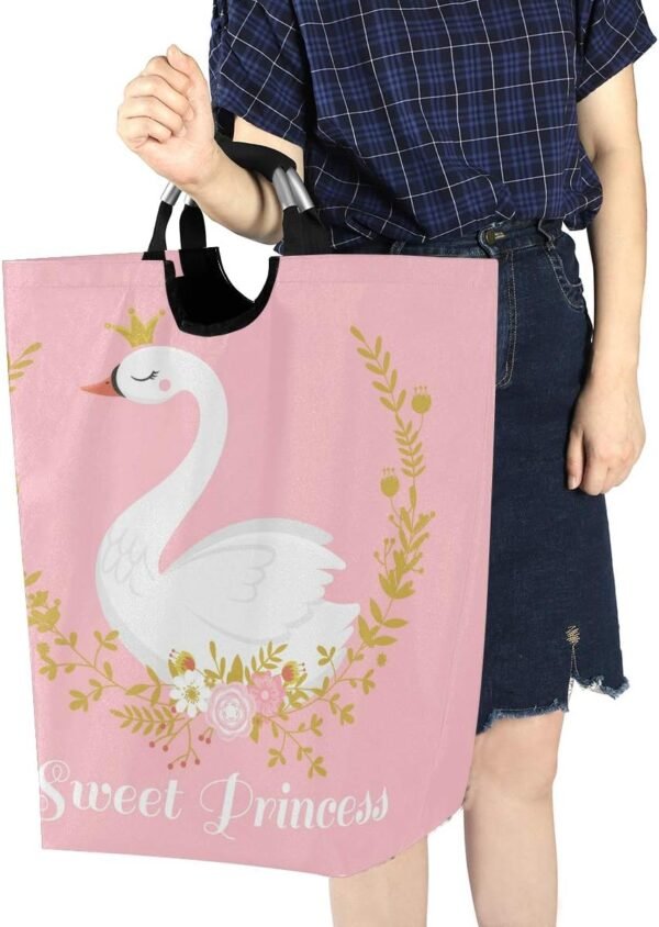 OREZI Cute Swan Princess Laundry Hamper,Waterproof and Foldable Laundry Bag with Handles for Baby Nursery College Dorms Kids Bedroom Bathroom - Image 7