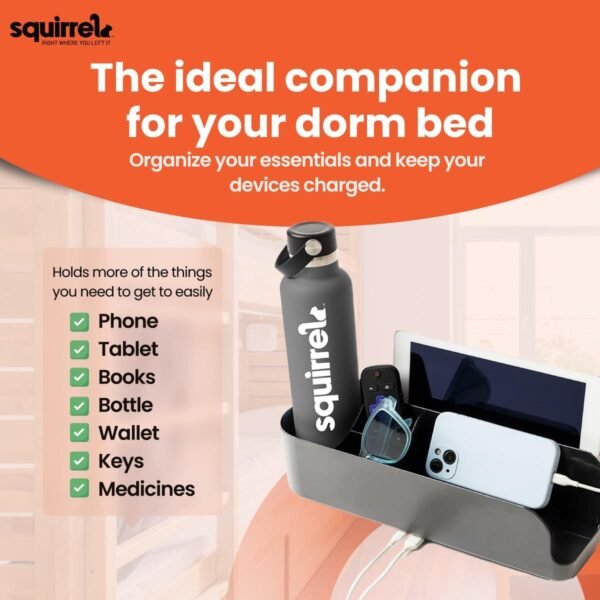 Squirrel-Bedside Perch for College Dorm Room Lofted Bed, Floating Organizer with USB-C & A Charging Ports, Small Spaces, Bed Side Caddy & Nightstand, Device & Cup Holder, Dorm Essential, Black - Image 7