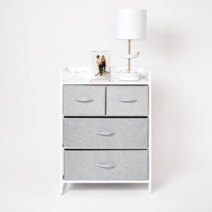 Dormify Charging 4 Drawer Dresser | Storage Drawers | Organizer | 1 Outlet & 2 USB Ports | Nightstand with Drawer Tower | Grey | 22.8″ W x 30.9″ H x 11.4″ D| 5ft Cord Length | Dorm & Bedroom Essential