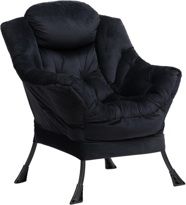 AcozyHom Modern Fabric Large Lazy Chair, Accent Oversized Comfy Reading Chair, Thick Padded Cozy Lounge Chair with Armrest, Steel Frame Leisure Sofa Chair for Living Room, Bedroom, Dorm, Black