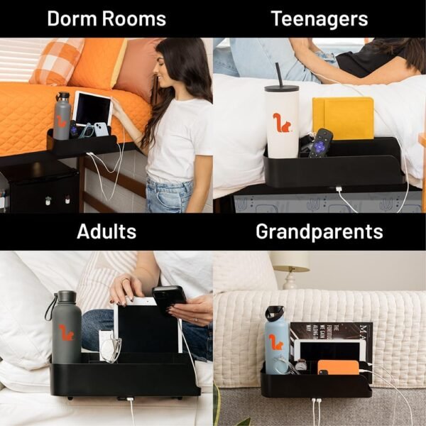 Squirrel-Bedside Perch for College Dorm Room Lofted Bed, Floating Organizer with USB-C & A Charging Ports, Small Spaces, Bed Side Caddy & Nightstand, Device & Cup Holder, Dorm Essential, Black - Image 5