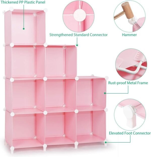 TomCare Cube Storage Organizer 9-Cube Closet Organizer and Storage Shelves Bookshelf Cubes Organizer Plastic Book Shelf Bookcase DIY Square Closet Cabinet Shelves for Bedroom Office, Pink - Image 3
