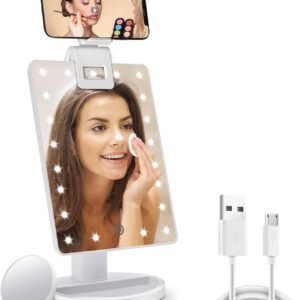 Lighted Makeup Vanity Mirror with Phone Holder and 10X Magnifying Mirror, 21 LED Lighted Mirror with Touch Sensor Dimming, 180°Adjustable Rotation, Dual Power Supply, Portable Cosmetic Mirror