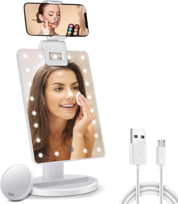 Lighted Makeup Vanity Mirror with Phone Holder and 10X Magnifying Mirror, 21 LED Lighted Mirror with Touch Sensor Dimming, 180°Adjustable Rotation, Dual Power Supply, Portable Cosmetic Mirror