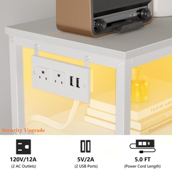 Furnulem Tall Nightstand with 5 Fabric Drawers, White Dresser for Bedroom with LED Lights and Charging Station, Vertical Bedside Table for Hallway, Entryway, Wood Top, Living Room Furniture - Image 8
