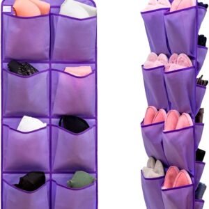 Dual Sided Hanging Closet Organizer Shoe Rack Holder with 26 Large Pockets (PURPLE)