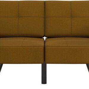 REALROOMS Euro Upholstered Tufted Loveseat Futon with Storage Pockets, Mustard Yellow