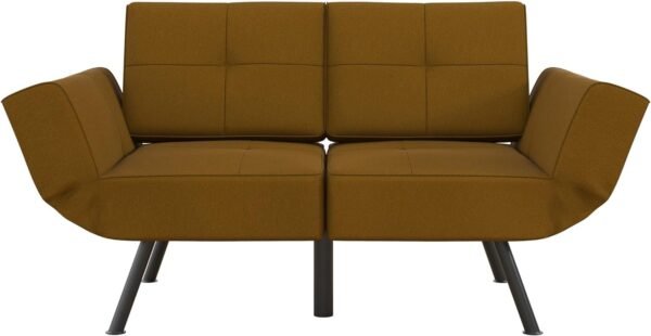 REALROOMS Euro Upholstered Tufted Loveseat Futon with Storage Pockets, Mustard Yellow