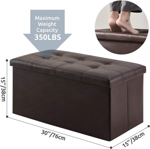 30 inches Folding Storage Ottoman, 80L Storage Bench for Bedroom and Hallway, Faux Leather Brown Footrest with Foam Padded Seat, Support 350lbs - Image 3