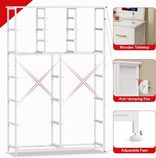 Dresser for Bedroom with 16 Drawers, Tall Dresser Organizer for Closet, Entry, Living Room, Nursery, Dorm, Chest of Drawers with Fabric Bins, Leather Front, Metal Handle, Glacier White - Image 6