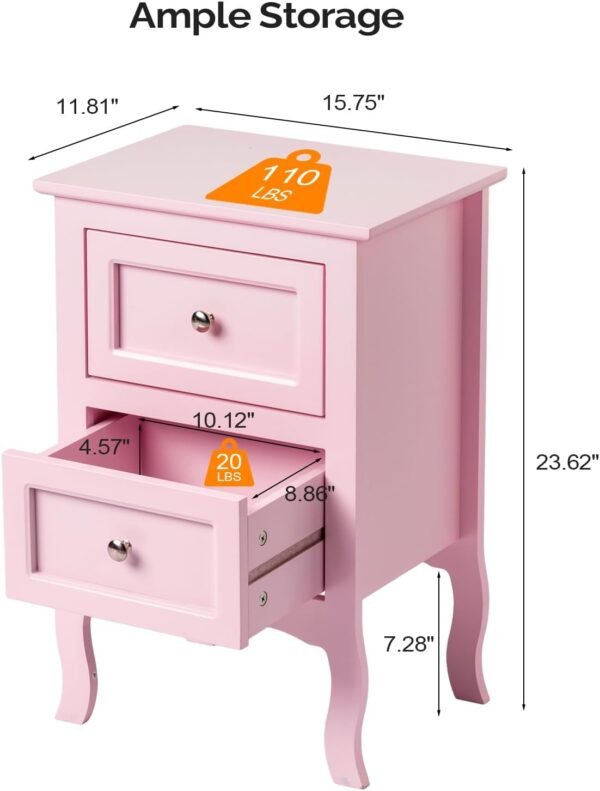 Bonnlo Nightstand with 2 Drawers, Night Stands for Bedrooms, Small Bed Side Table/White Night Stand with drawers for Small Spaces, College Dorm, Kids’ Room, Living Room, French, 16W x 12D x 24H, Pink - Image 2