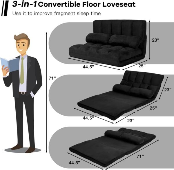 KOMFOTT Adjustable Floor Sofa Bed, Foldable Lazy Sofa Sleeper Bed with 6 Position Backrest & 2 Pillows, Convertible Futon Couch Bed with Suede Cloth Cover, Lounge Recliner for Living Room (Black) - Image 3