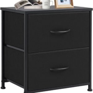 DUMOS Nightstand with 2 Drawers Bedside Table Small Dresser with Removable Fabric Bins with Sturdy Steel Frame, Wood Top for Bedroom Nursery Closet Living Room, Black