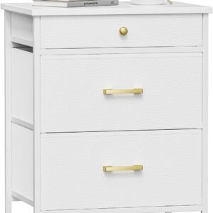 White Nightstand with 3 Drawers, Night Stand for Bedroom, Small Dresser with Fabric Bins, Leather Finish, Modern Bedside Table End Side Table for Living Room, Dorm, Closet, Nursery