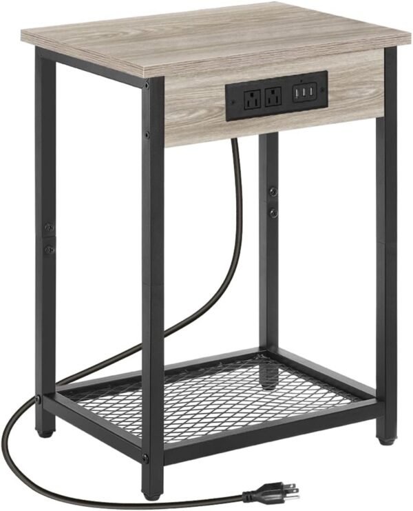 melos Nightstands with Charging Station, 2 Tier Bedside Table with USB Ports and Outlets, Narrow End Table with Storage Shelf, Side Tables for Bedroom, Living Room, Gray