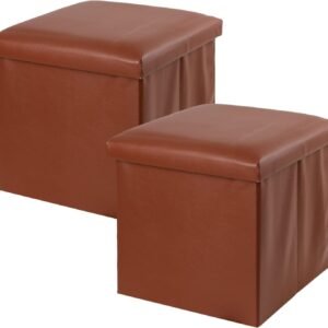 ECOMEX Folding Storage Ottoman,Faux Leather Ottoman with Storage for Living Room,12 Inches Storage Ottoman Cube,Ottoman Foot Rest with Storage,Coffee 2pcs