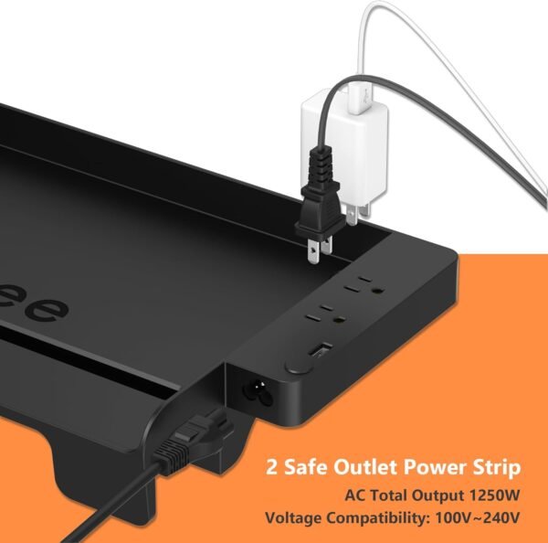 Bedside Shelf with USB Charging Port, Bunk Bed Shelf Organizer for Top Bunk, College Dorm Room Essential Clip On Nightstand Tray with Cup Holder, AC Outlets and Night Light, Plus Size, Black - Image 3