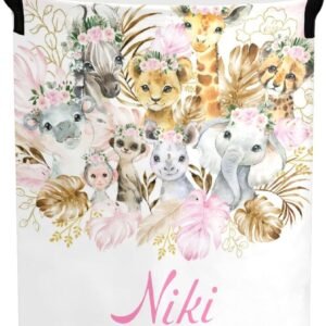 Cute Jungle Animals Round Storage Basket Personalized Name Laundry Basket Waterproof Nursery Hamper with Handle for Living Room Bedroom and Clothes