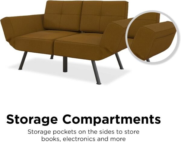 REALROOMS Euro Upholstered Tufted Loveseat Futon with Storage Pockets, Mustard Yellow - Image 8