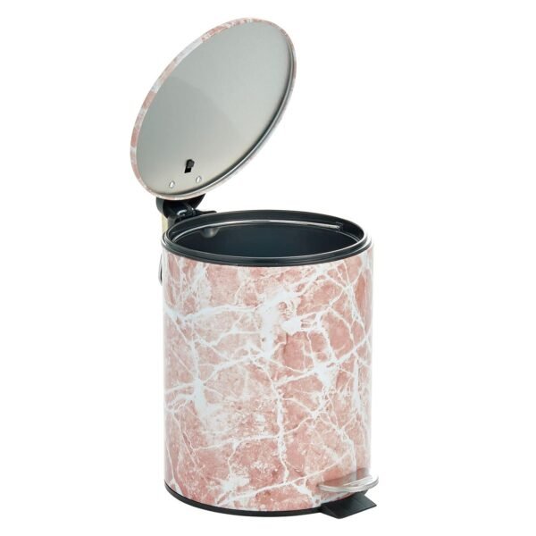 mDesign Metal 1.3 Gallon/5 Liter Round Step Trash Wastebasket, Garbage Container Bin with Lid for Bathroom, Powder Room, Bedroom, Kitchen, Craft Room, Office - Removable Liner Bucket - Pink Marble - Image 6