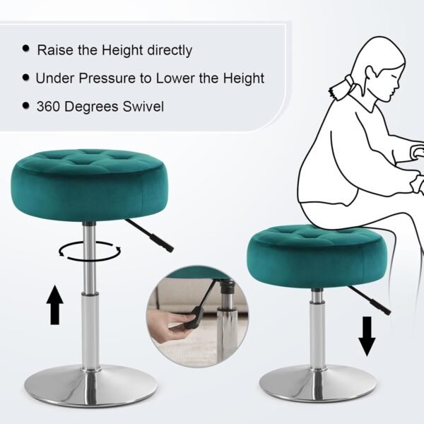 Teal Green Vanity Chair for Makeup Room Vanity Stool for Makeup Room Round Velvet Ottoman Tufted Makeup Chair Vanity Stools for Bathroom Height Adjustable 360 Swivel - Image 6